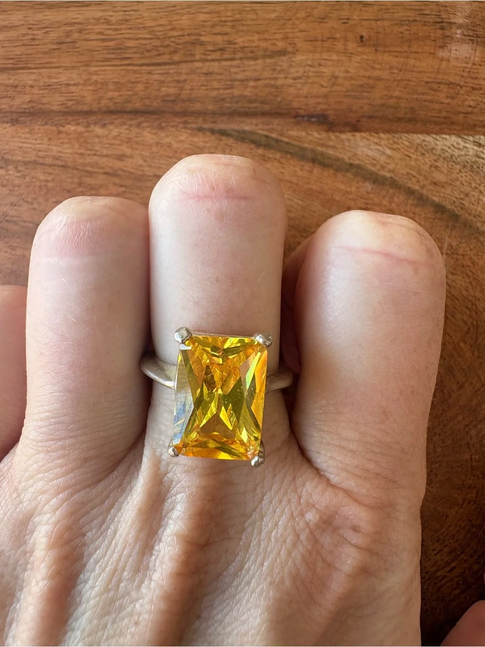 Vintage Yellow Crystal Cocktail Rectangle Ring - Size 7